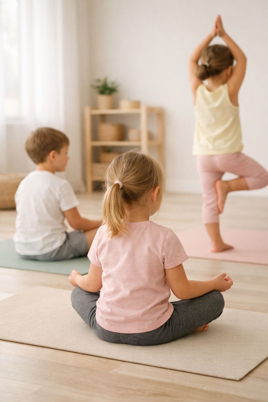 AI generiertes Bild bei dem drei Kinder von hinten zu sehen sind. Zwei Kinder sitzen im Schneidersitz. Ein Kind führt die Baum Assana aus.